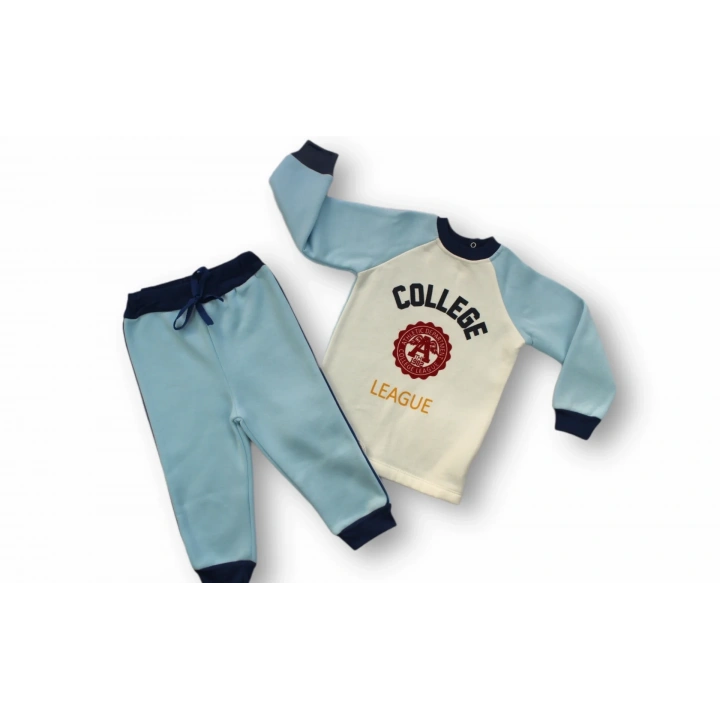 9-12 12-18 18-24 24-36 Ay College Baskılı 3 İplik Kumaş Uzun Kollu Sweatli 2li Erkek Bebek Takımı Mavi
