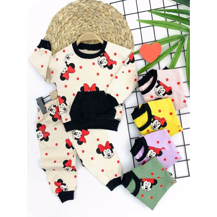 9-12-18-24 Ay Bayan Mickey Baskılı Cepli 2li Kız Bebek Takımı Lila