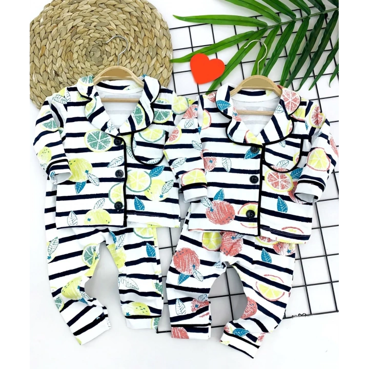 9-12-18-24 Ay Çizgili Meyve Desenli Düğme Kapamalı 2li Kız Erkek Bebek Pijama Takımı Sarı
