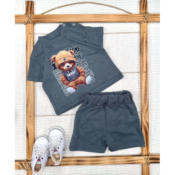 9-12-18-24 Ay Dansçı Ayıcık Baskılı Şortlu Kısa Kollu Tişört 2li Erkek Bebek Takımı