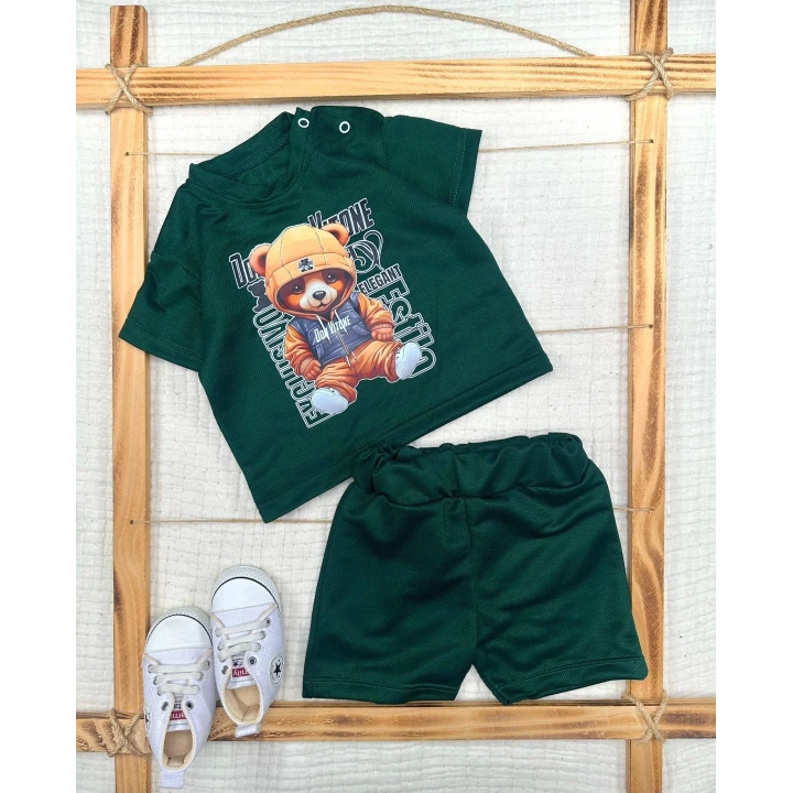 9-12-18-24 Ay Dansçı Ayıcık Baskılı Şortlu Kısa Kollu Tişört 2li Erkek Bebek Takımı