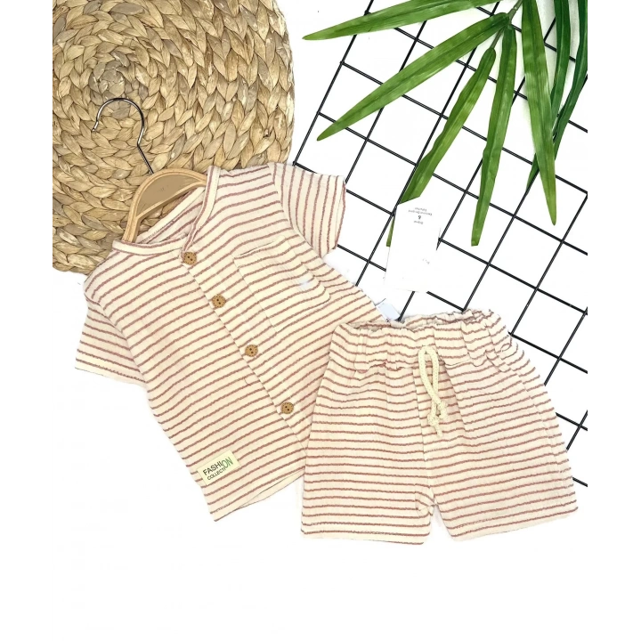 9-12-18-24 Ay Düğme Detaylı Çizgili Müslin Kumaş Yazlık 2li Erkek Bebek Takımı