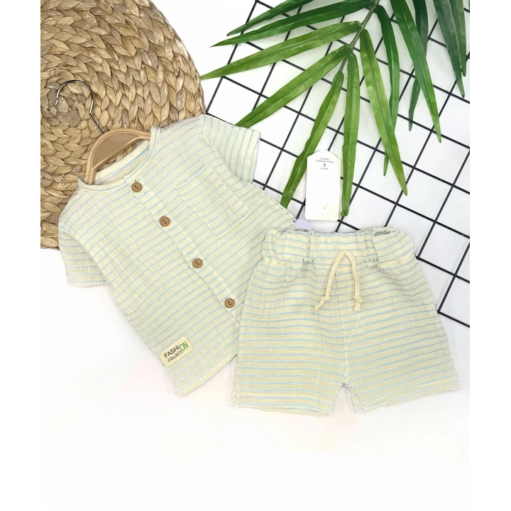 9-12-18-24 Ay Düğme Detaylı Çizgili Müslin Kumaş Yazlık 2li Erkek Bebek Takımı
