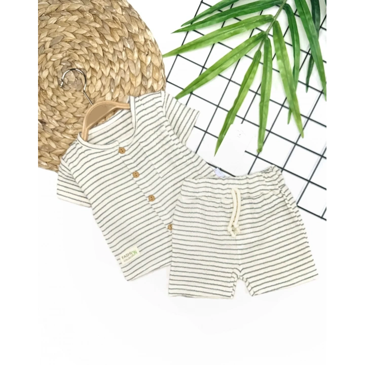 9-12-18-24 Ay Düğme Detaylı Çizgili Müslin Kumaş Yazlık 2li Erkek Bebek Takımı