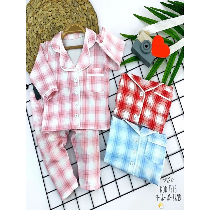 9-12-18-24 Ay Düğme Kapamalı Ekose Desenli 2li Kız Erkek Bebek Pijama Takımı Mavi