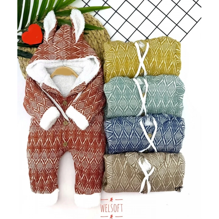 9-12-18-24 Ay Düğme Kapamalı Kulaklı Kapşonlu Motif Desenli Örme Kumaş Kız Erkek Bebek Tulumu Lacivert