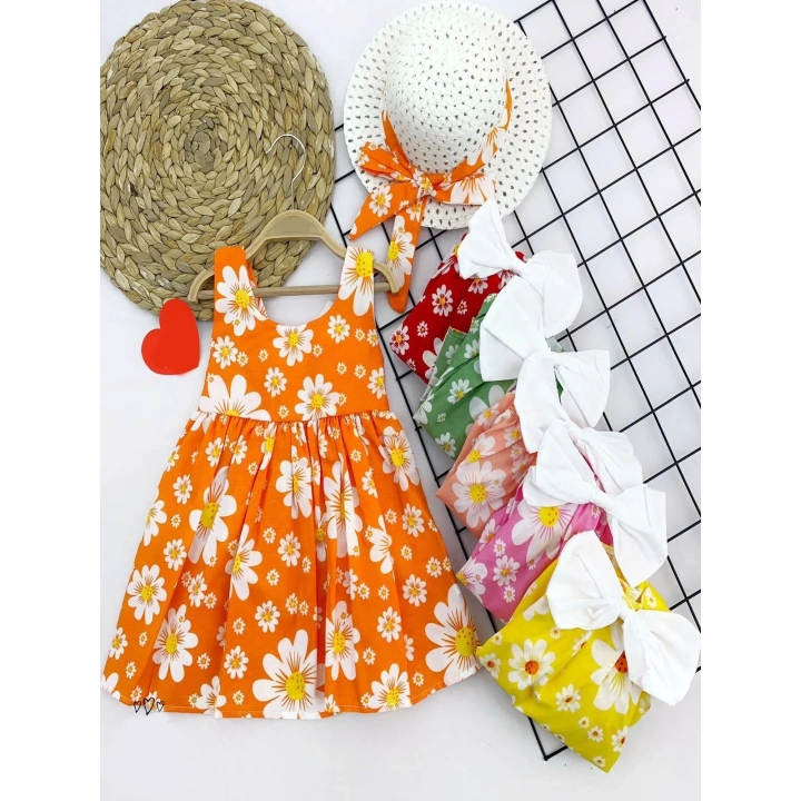 9-12-18-24 Ay Hasır Şapkalı Papatya Desenli Askılı 2li Kız Bebek Elbisesi Sarı
