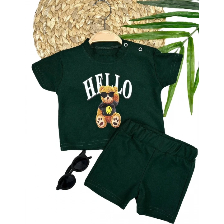 9-12-18-24 Ay Hello Gözlüklü Ayıcık Baskılı Şortlu Kısa Kollu Tişört 2li Erkek Bebek Takımı