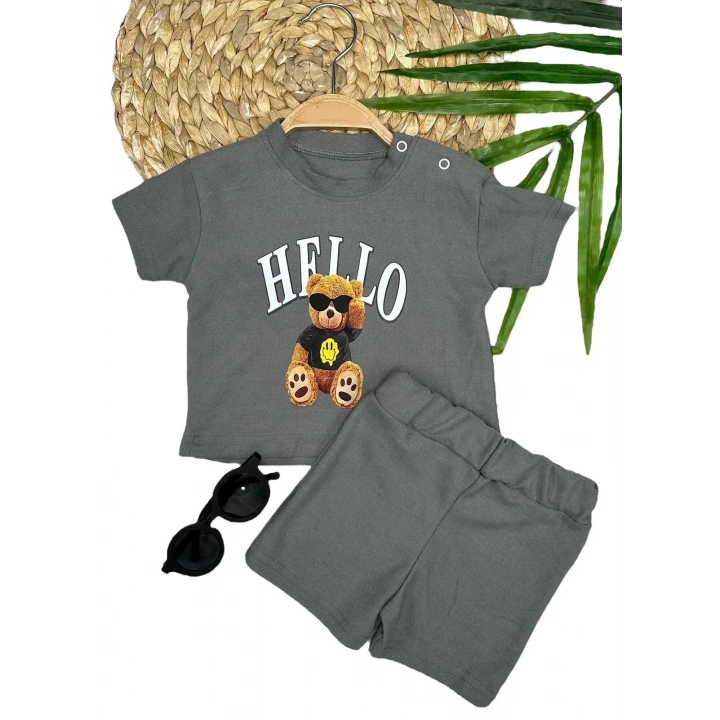 9-12-18-24 Ay Hello Gözlüklü Ayıcık Baskılı Şortlu Kısa Kollu Tişört 2li Erkek Bebek Takımı