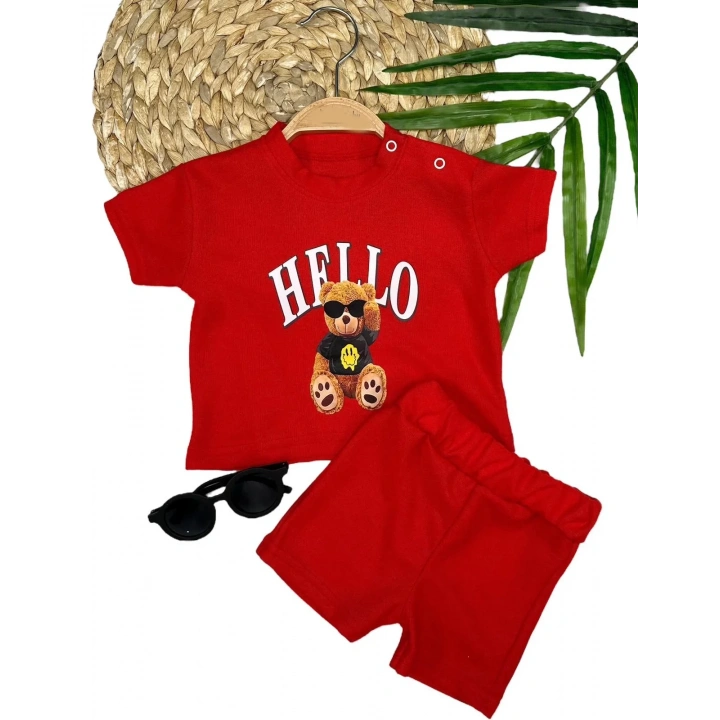 9-12-18-24 Ay Hello Gözlüklü Ayıcık Baskılı Şortlu Kısa Kollu Tişört 2li Erkek Bebek Takımı