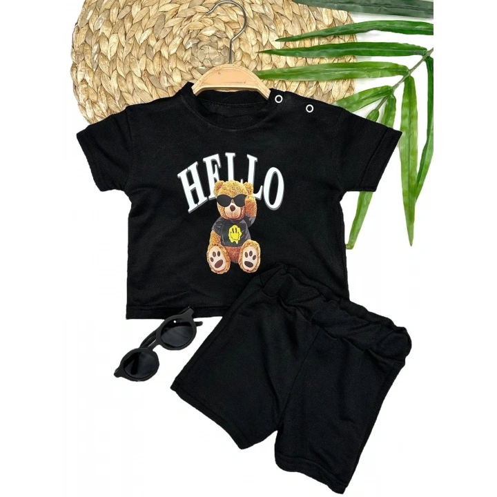 9-12-18-24 Ay Hello Gözlüklü Ayıcık Baskılı Şortlu Kısa Kollu Tişört 2li Erkek Bebek Takımı