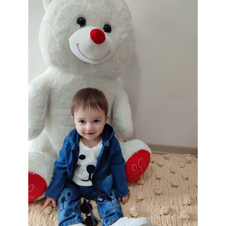 9-12-18-24 Ay Kot Kumaş Kapşonlu Uzun Kol Sweatli Kot Kumaş 3lü Erkek Bebek Takımı Mavi