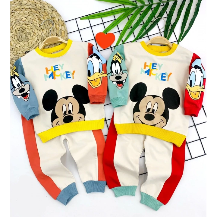 9-12-18-24 Ay Mickey Ve Arkadaşları Desenli Uzun Kollu Sweat 2li Kız Erkek Bebek Takımı Yeşil
