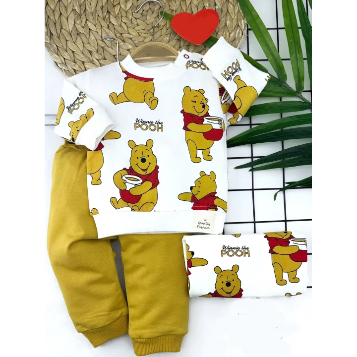9-12-18-24 Ay Pooh Baskılı Yaka Çıtçıtlı Uzun Kollu Sweatli 2li Kız Erkek Bebek Takımı Sarı