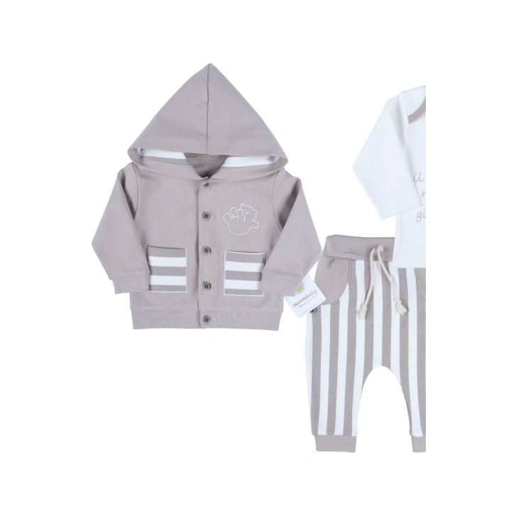 Ayıcık Nakışlı Hırkalı % 100 Pamuk Erkek Bebek Takım