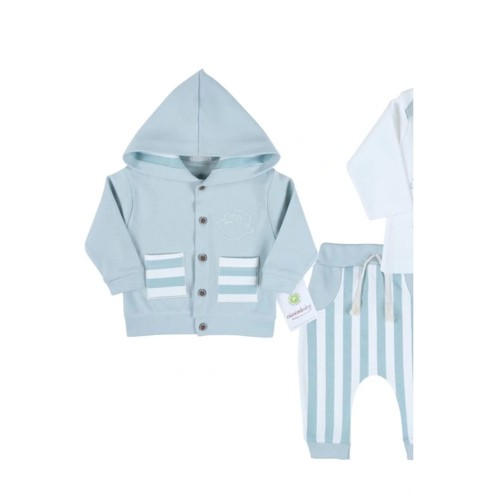 Ayıcık Nakışlı Hırkalı % 100 Pamuk Erkek Bebek Takım