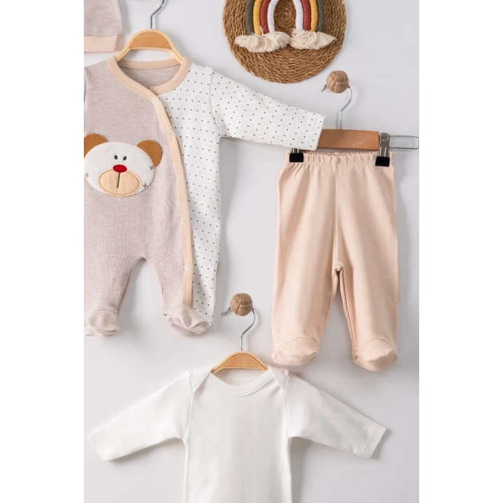 Ayıcık Nakışlı Tulumlu % 100 Pamuk Erkek Bebek 5li Set