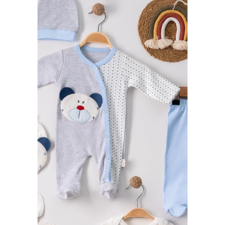 Ayıcık Nakışlı Tulumlu % 100 Pamuk Erkek Bebek 5li Set