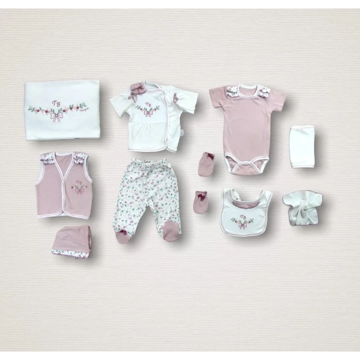 Bahar Çiçekleri Nakışlı  10lu Zıbın Takımı Hastane Çıkışı Gül Kurusu