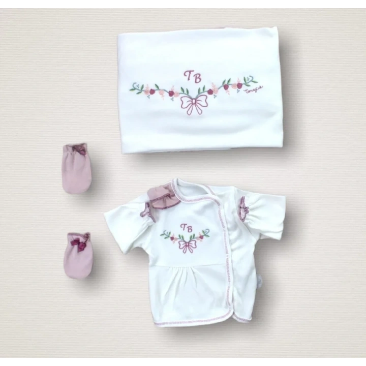 Bahar Çiçekleri Nakışlı  10lu Zıbın Takımı Hastane Çıkışı Gül Kurusu