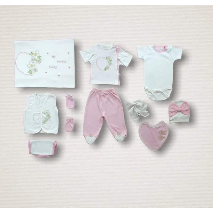 Baharın Çiçekli Kalbi Nakışlı  10lu Zıbın Takımı Hastane Çıkışı Pembe