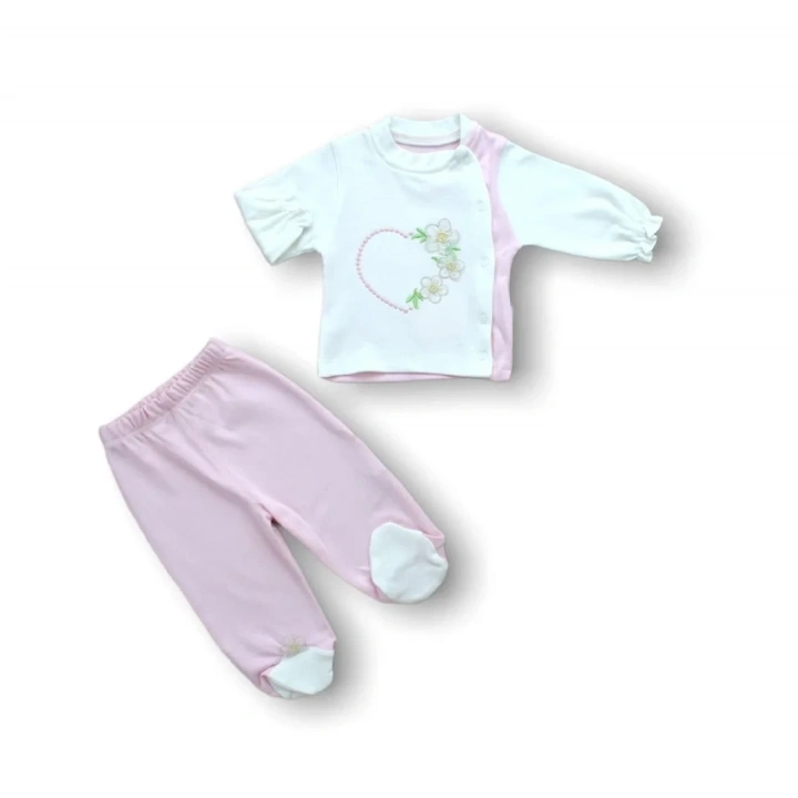 Baharın Çiçekli Kalbi Nakışlı  5li Zıbın Takımı Hastane Çıkışı Pembe