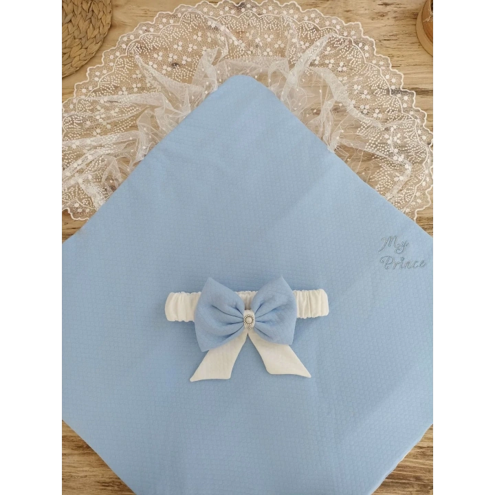 Bal Peteği My Prince Taç Nakışlı İnci Fiyonklu Dantel Duvaklı Delüks Kundak Bebek Battaniyesi Mavi