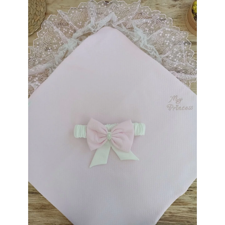 Bal Peteği My Princess Taç Nakış İnci Fiyonklu Dantel Duvaklı Delüks Kundak Bebek Battaniyesi Pembe