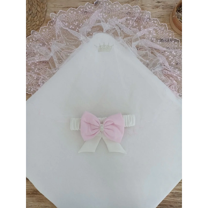 Bal Peteği My Princess Taç Nakış İnci Fiyonklu Dantel Duvaklı Delüks Kundak Bebek Battaniyesi Pembe