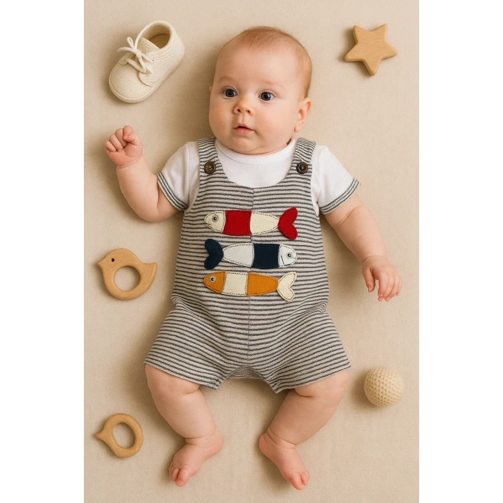 Balık Nakışlı Kısa Kollu Erkek Bebek Tulumu