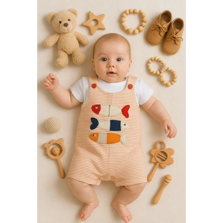 Balık Nakışlı Kısa Kollu Erkek Bebek Tulumu