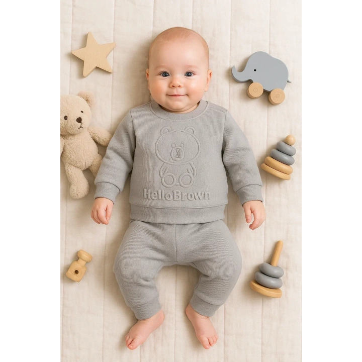 Bear Gofre Kabartmalı 2li Erkek Bebek Takımı