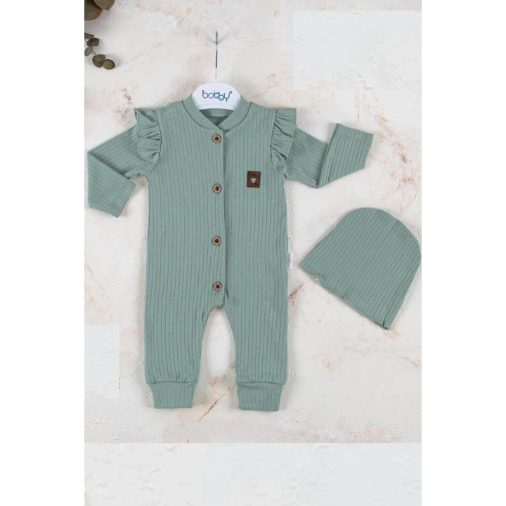 Boydan Düğmeli Şapkalı % 100 Pamuk Kız Bebek Tulumu