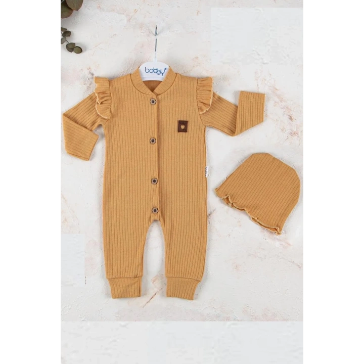 Boydan Düğmeli Şapkalı % 100 Pamuk Kız Bebek Tulumu