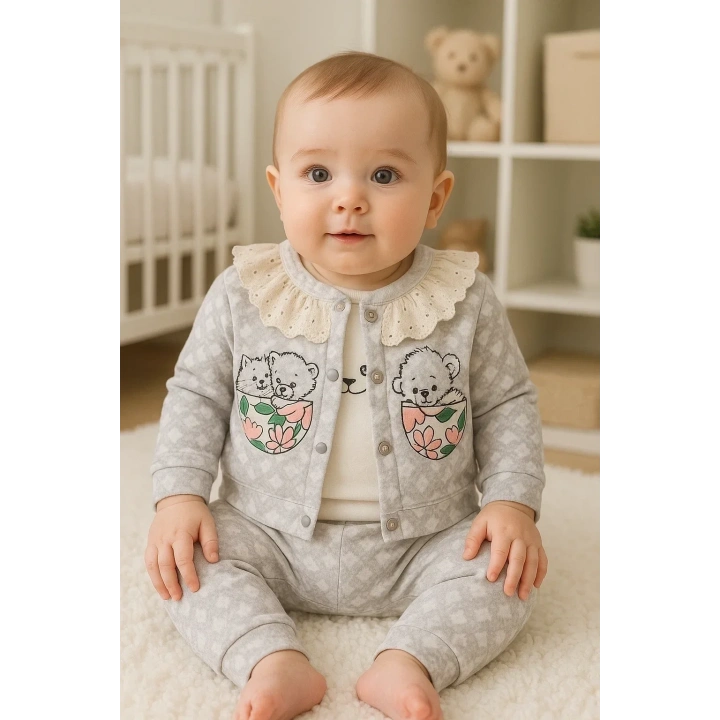 Brode İşlemeli Kalp Desenli 3lü Hırkalı Kız Bebek Takım