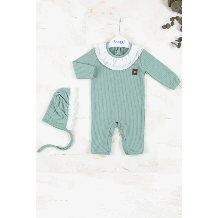 Brode Nakışlı Şapkalı % 100 Pamuk Kız Bebek Tulumu