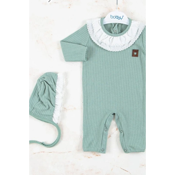 Brode Nakışlı Şapkalı % 100 Pamuk Kız Bebek Tulumu