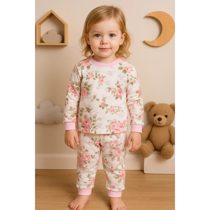 Büyük Çiçek Desenli Kız Bebek Eşofman Takımı %100 Pamuk