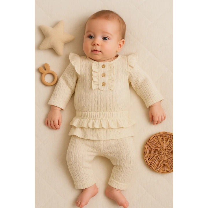 Büzgü Detaylı Fırfırlı % 100 Pamuk 2li Kız Bebek Takımı