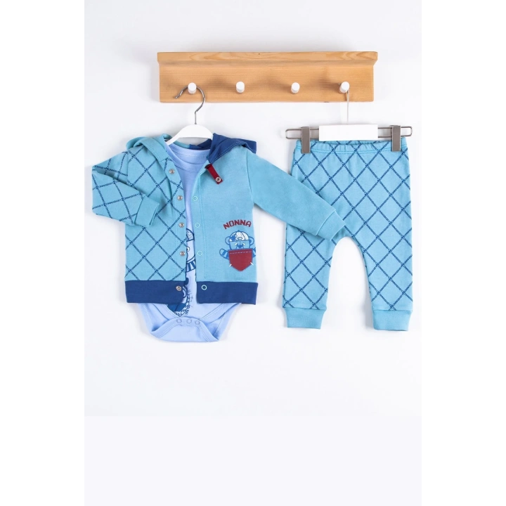 Cep Desenli Kapişonlu % 100 Pamuk Hırkalı 3lü Erkek Takım