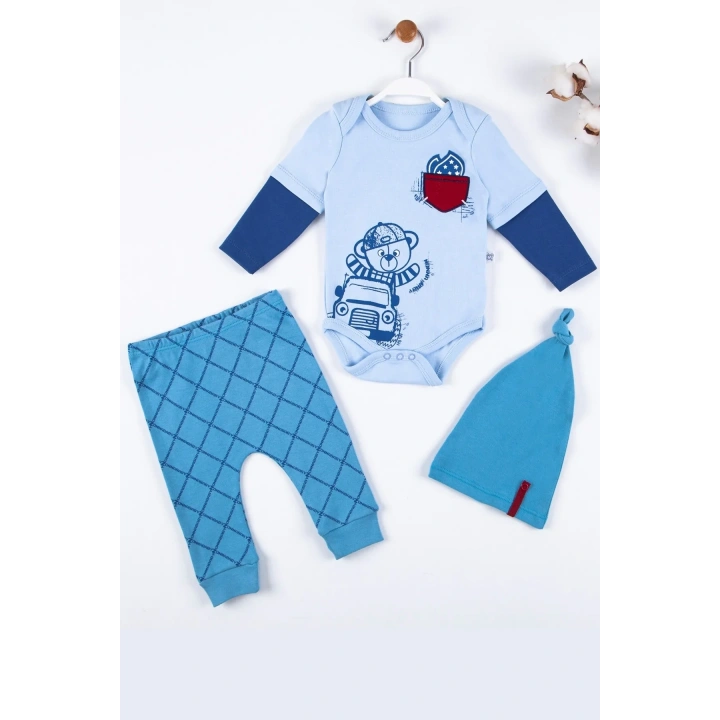 Cep Nakışlı Bear Desenli 3lü % 100 Pamuklu Erkek Takım