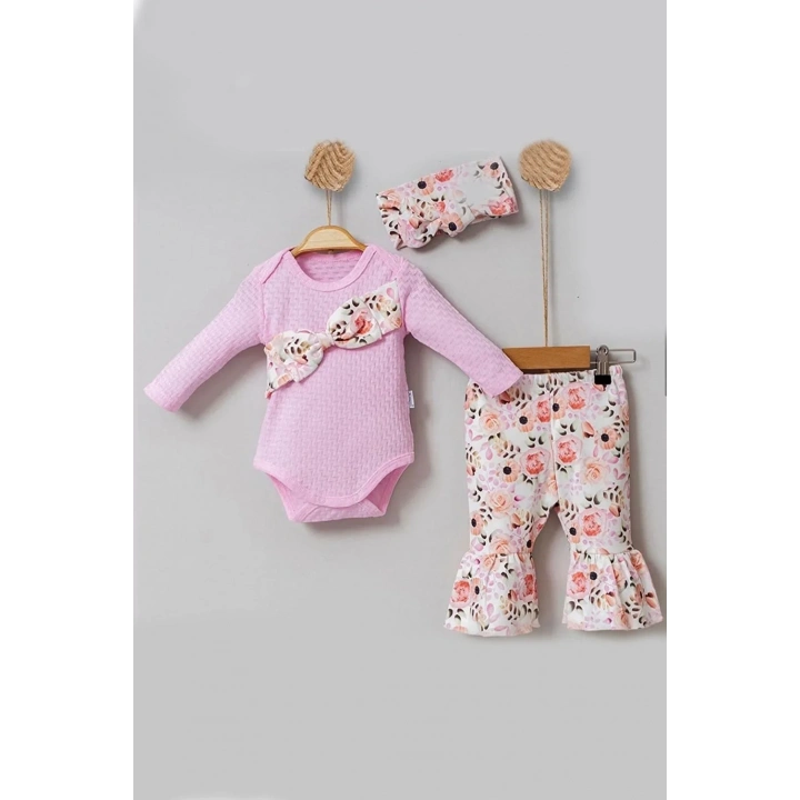 Çiçek Desenli Fiyonklu 3lü Kız Bebek Takım