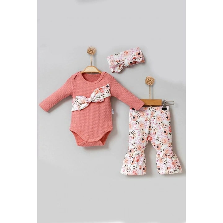 Çiçek Desenli Fiyonklu 3lü Kız Bebek Takım