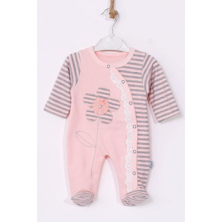 Çiçek Nakışlı % 100 Pamuk Ayaklı Kız Bebek Tulumu