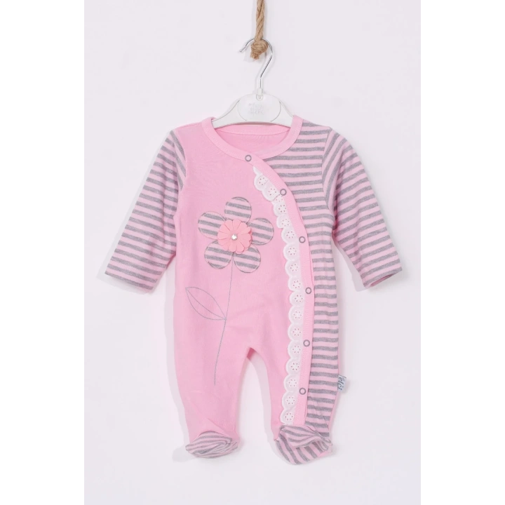 Çiçek Nakışlı % 100 Pamuk Ayaklı Kız Bebek Tulumu
