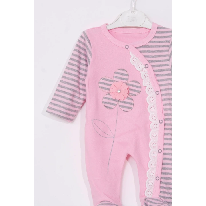 Çiçek Nakışlı % 100 Pamuk Ayaklı Kız Bebek Tulumu
