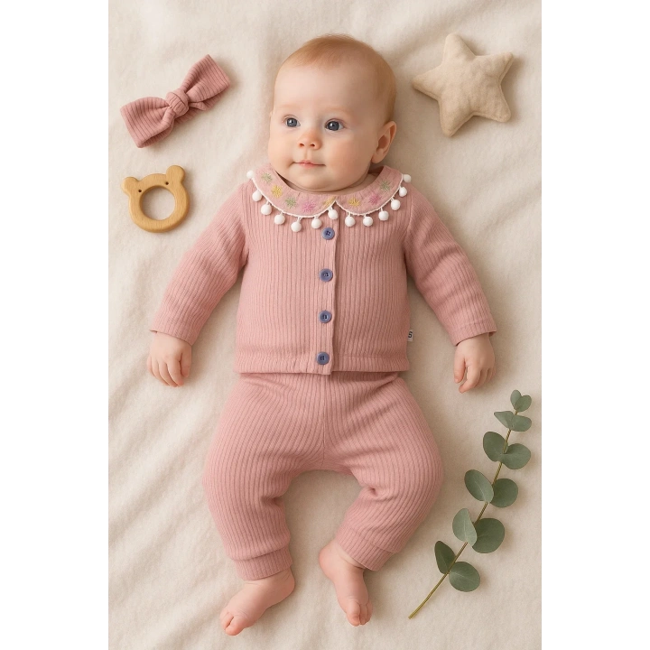 Çiçek Nakışlı Düşmeli Bandanalı Kız Bebek Takımı