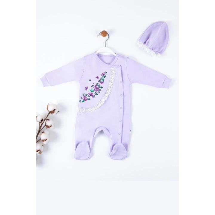 Çiçek Nakışlı Şapkalı % 100 Pamuk Kız Bebek Tulumu