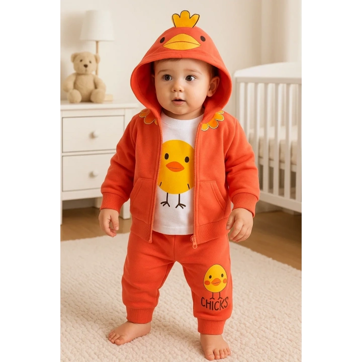 Civciv Desenli Kapişonlu 3lü Erkek Bebek Takımı