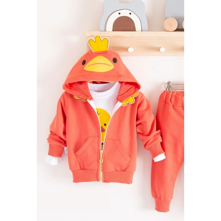 Civciv Desenli Kapişonlu 3lü Erkek Bebek Takımı